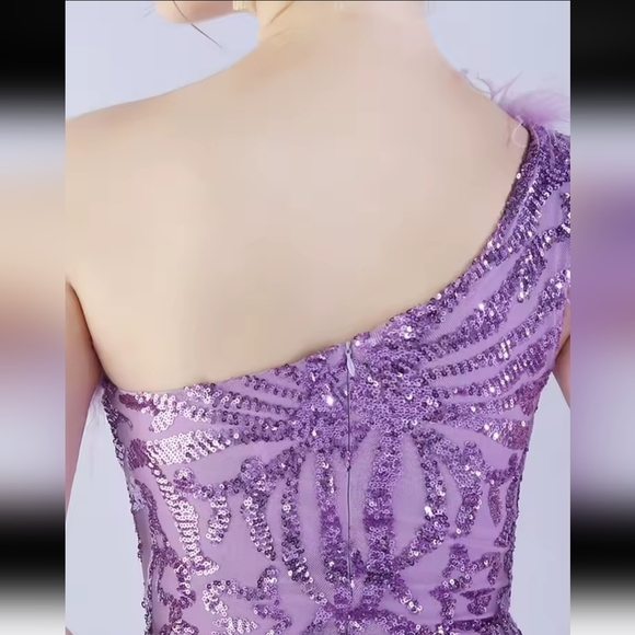 Purple, Geo Print, Assymmetrical Neck, Ostrich Feather, Sequined Gown - Picture 5 of 16